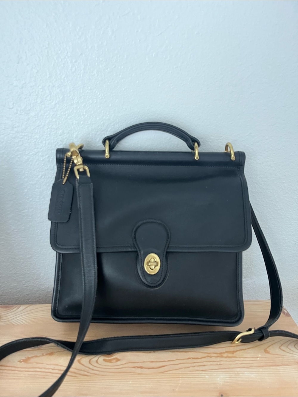 Coach Black Leather Top-Handle Willis Satchel with Gold Hardware 9927